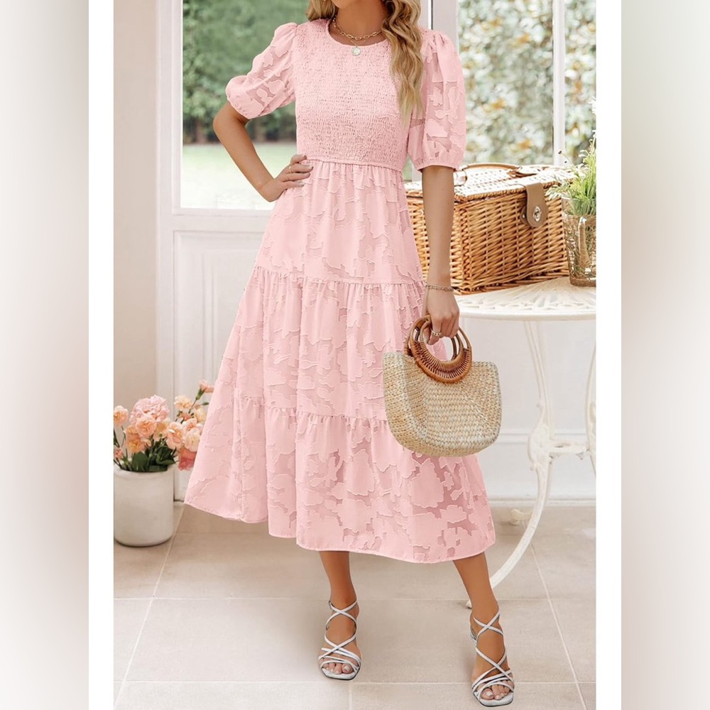 Merokeety Pink Short Puff Sleeve Midi-Dress Floral Design. Size Medium